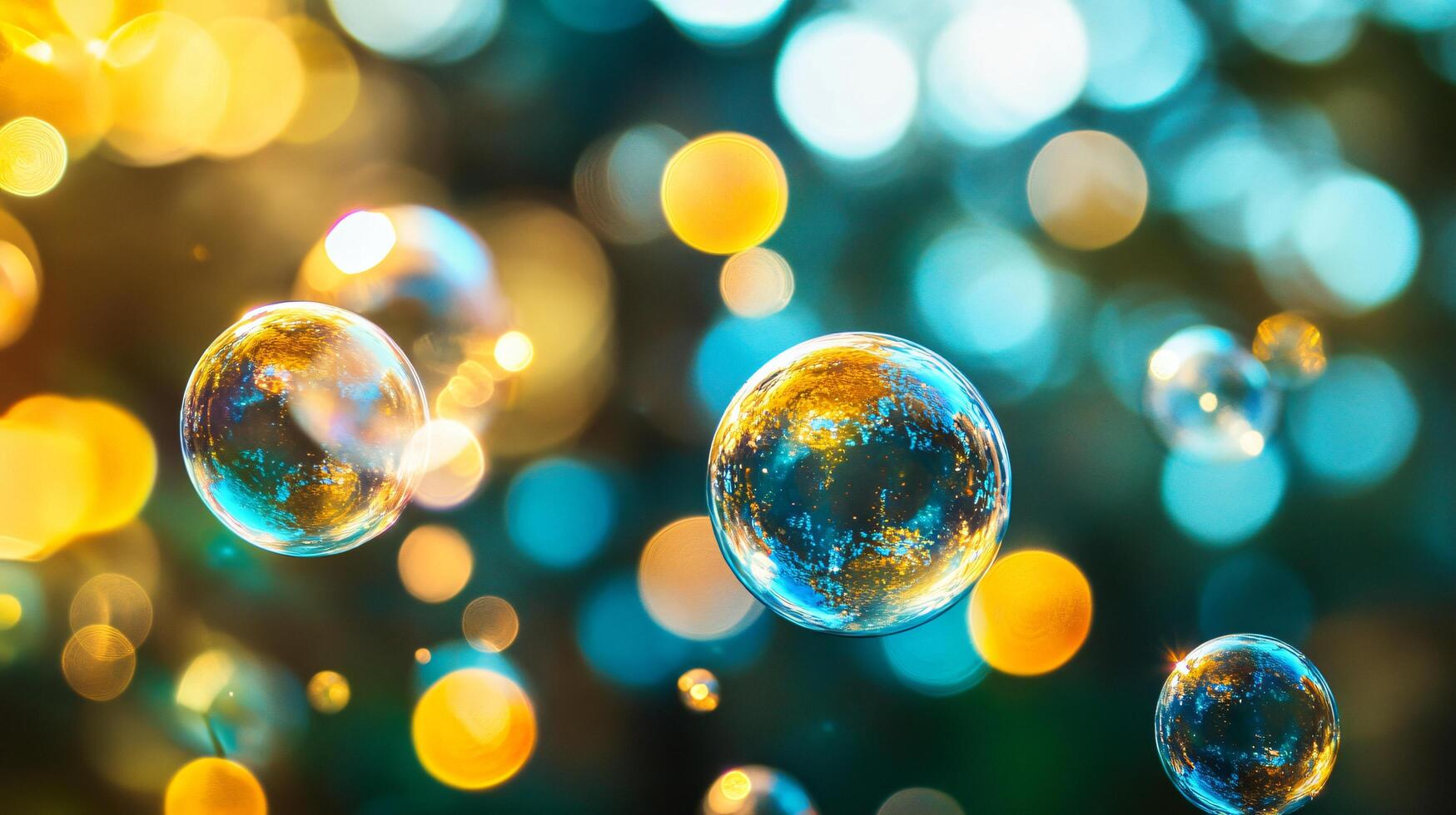 Series of bubbles in a blue and yellow background. The bubbles are floating in the air and are of different sizes. The image has a playful and whimsical mood, as the bubbles seem to be dancing photo
