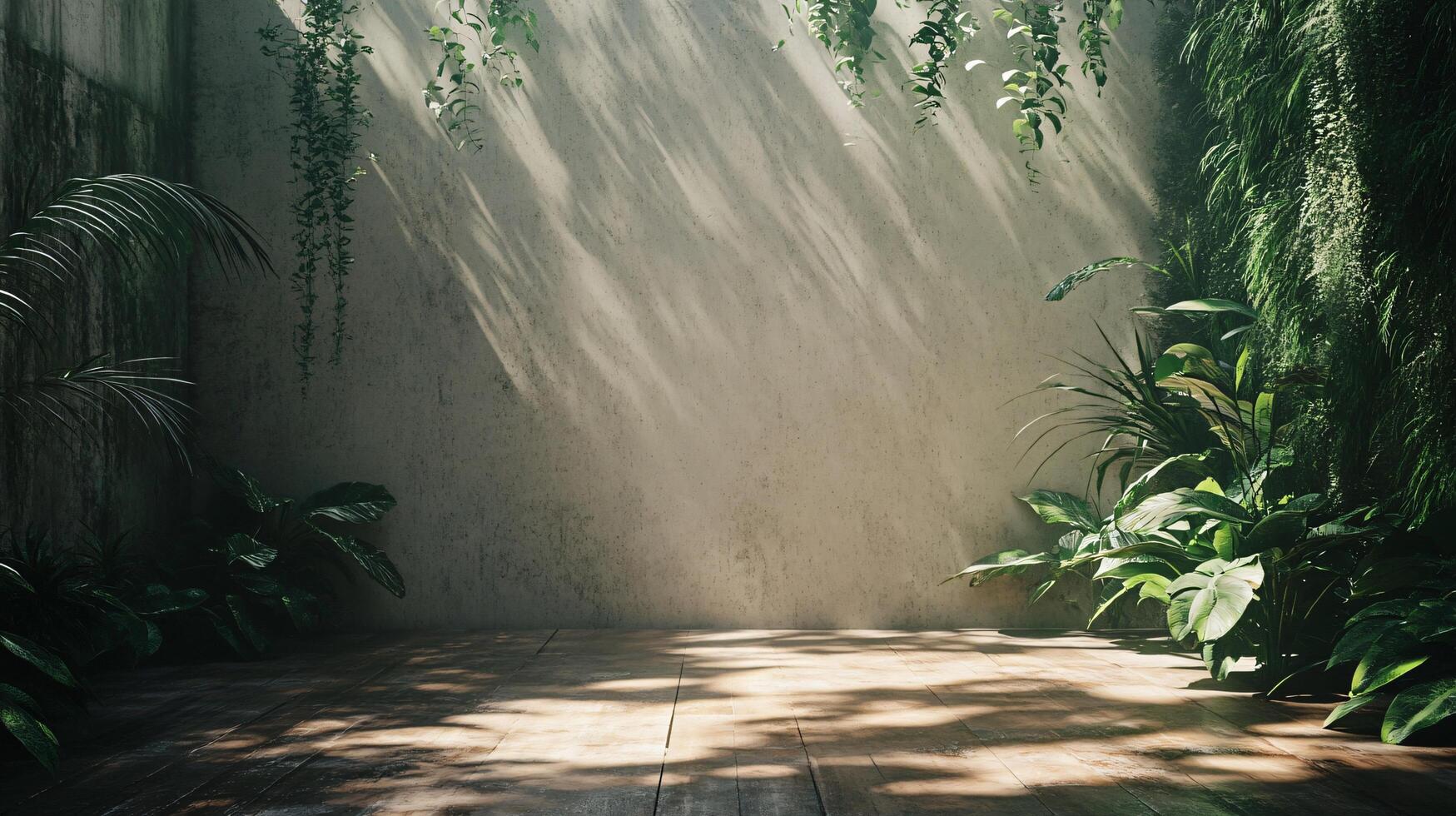 Large room with a wall of greenery and a wooden floor. The room is filled with plants and has a natural, calming atmosphere photo