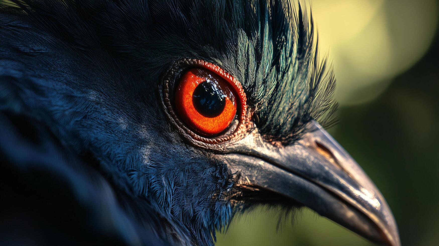 Bird's eye is shown in a close up. The eye is red and the bird's head is black photo