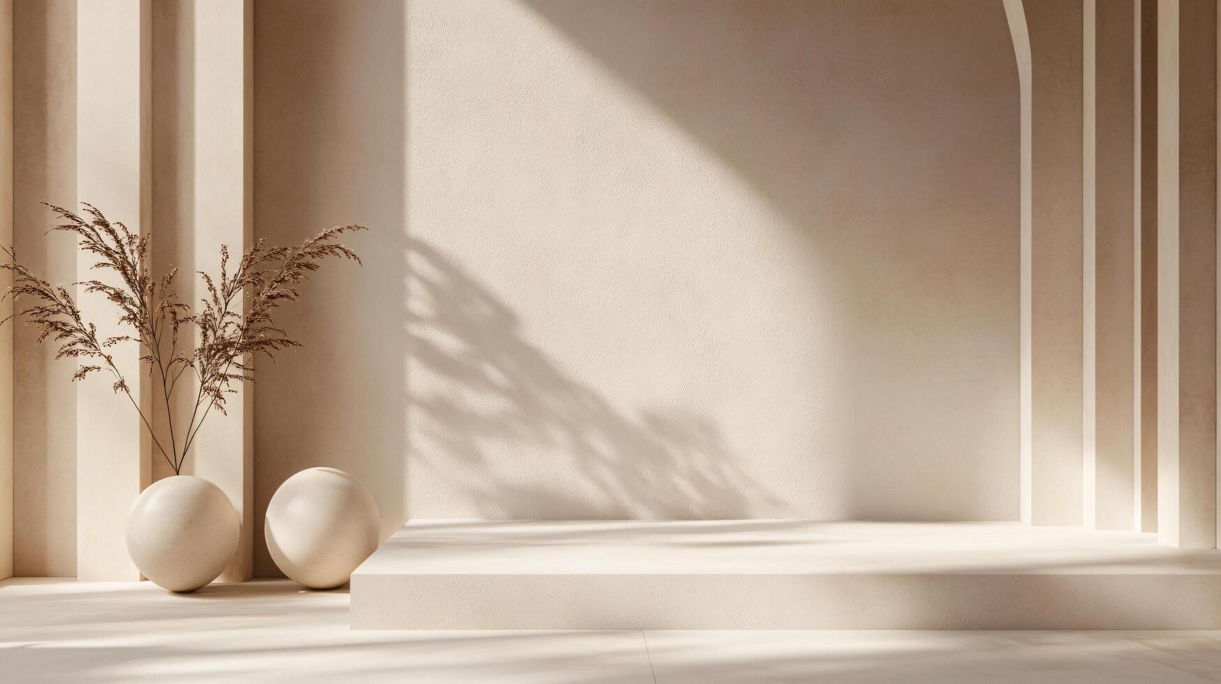 White room with a white wall and a white arch. There are two vases on the floor and a plant in the middle of the room. The room has a minimalist and clean look photo