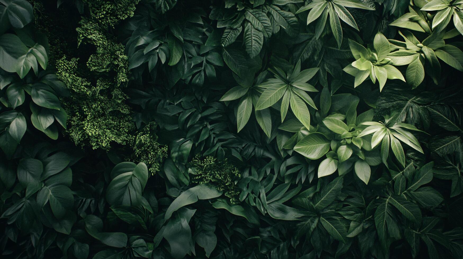 Dense, vibrant green forest filled with a variety of leaves and branches. The leaves are large and plentiful, creating a lush and verdant environment. The branches are thick and sturdy photo
