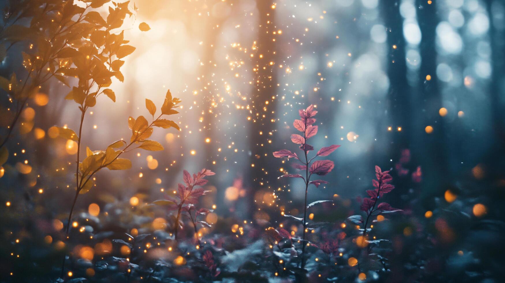 Forest scene with a bright sun shining through the trees. The leaves are glowing with a warm, golden light photo