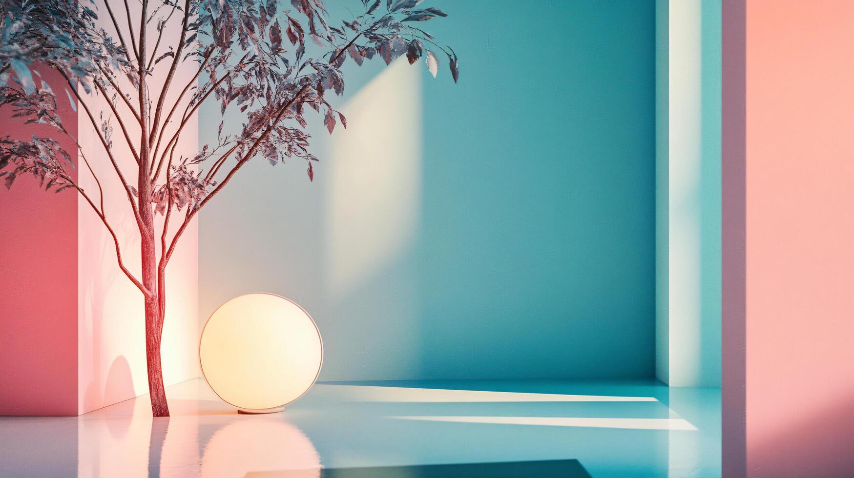 Tree is in the foreground of a room with a white lamp in the middle. The room is painted in a light blue color photo
