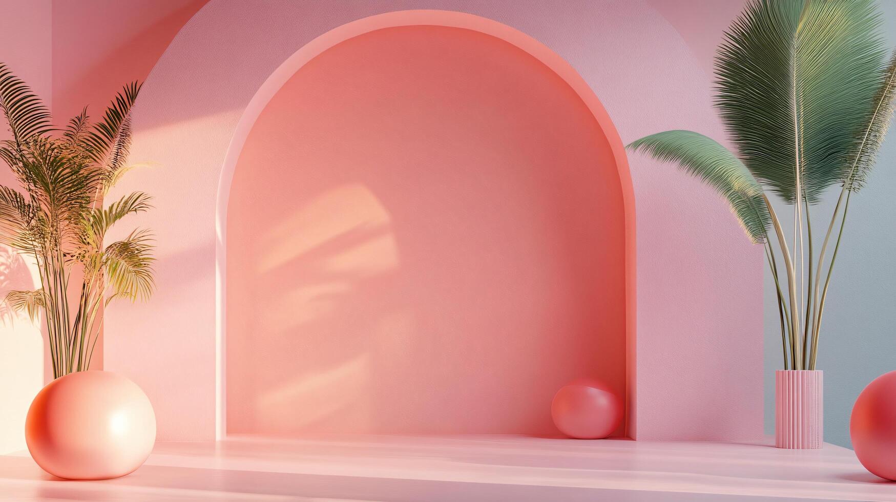 Pink room with a curved wall and two potted plants. The room is empty and has a minimalist feel photo