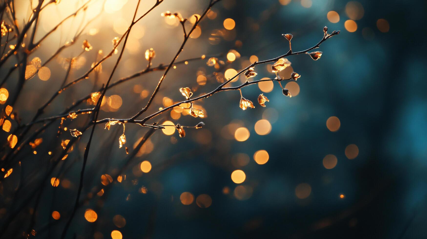 Branch with leaves and a few drops of water on it. The leaves are orange and the water is reflecting the light photo