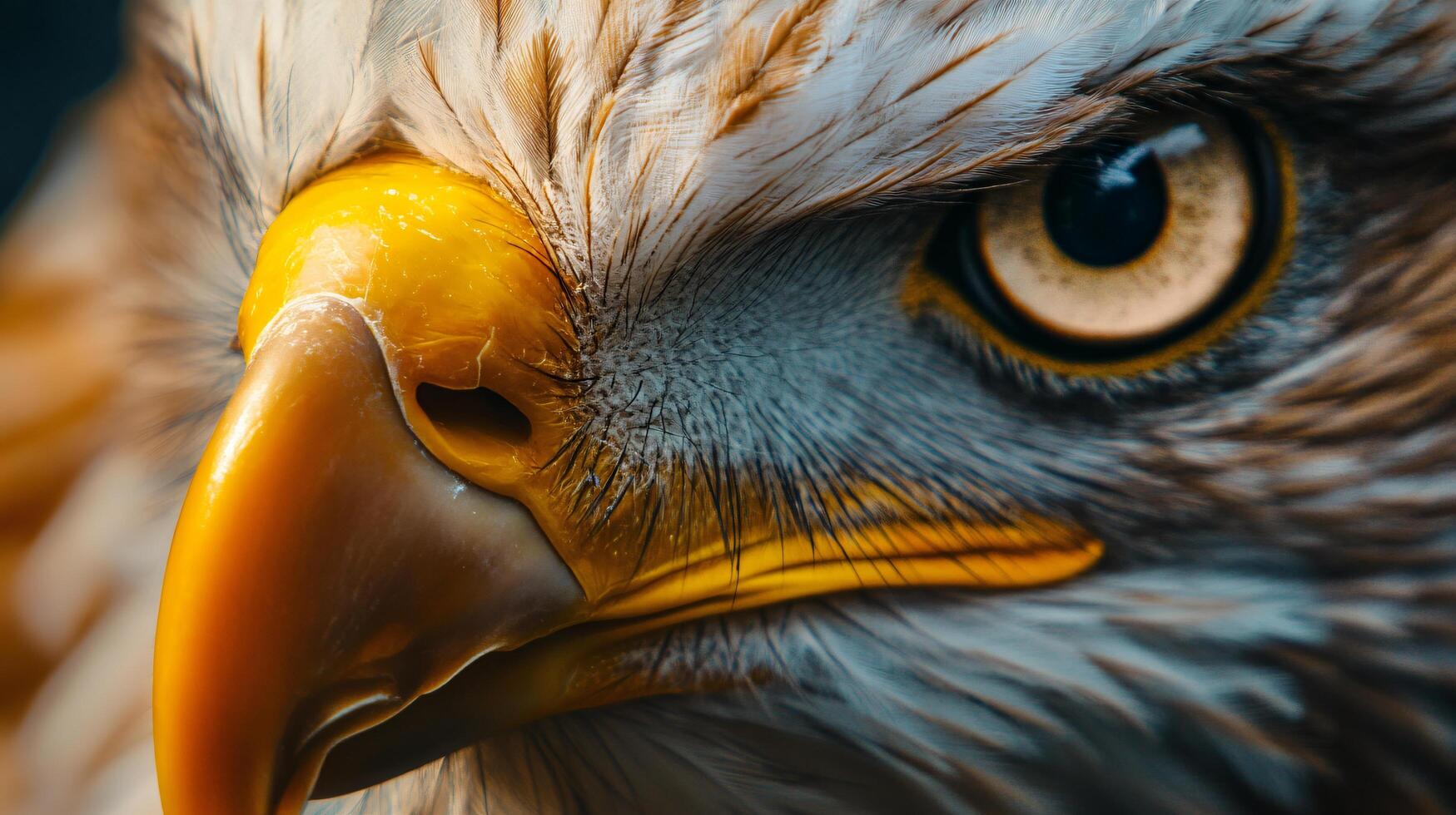 Close up of an eagle's face with a yellow beak. Concept of power and strength, as the eagle's piercing gaze seems to be looking directly at the viewer photo