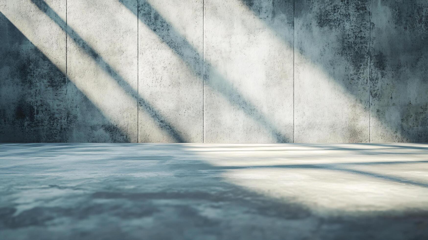 Large empty room with a wall that is covered in cracks. The wall is grey and the floor is grey as well. There is a window in the room that is letting in sunlight photo