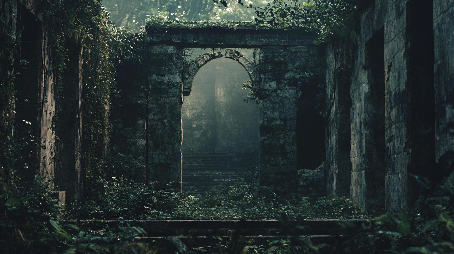 Dark, abandoned building with a large archway. The archway is covered in vines and the building is surrounded by overgrown foliage. Scene is eerie and mysterious photo