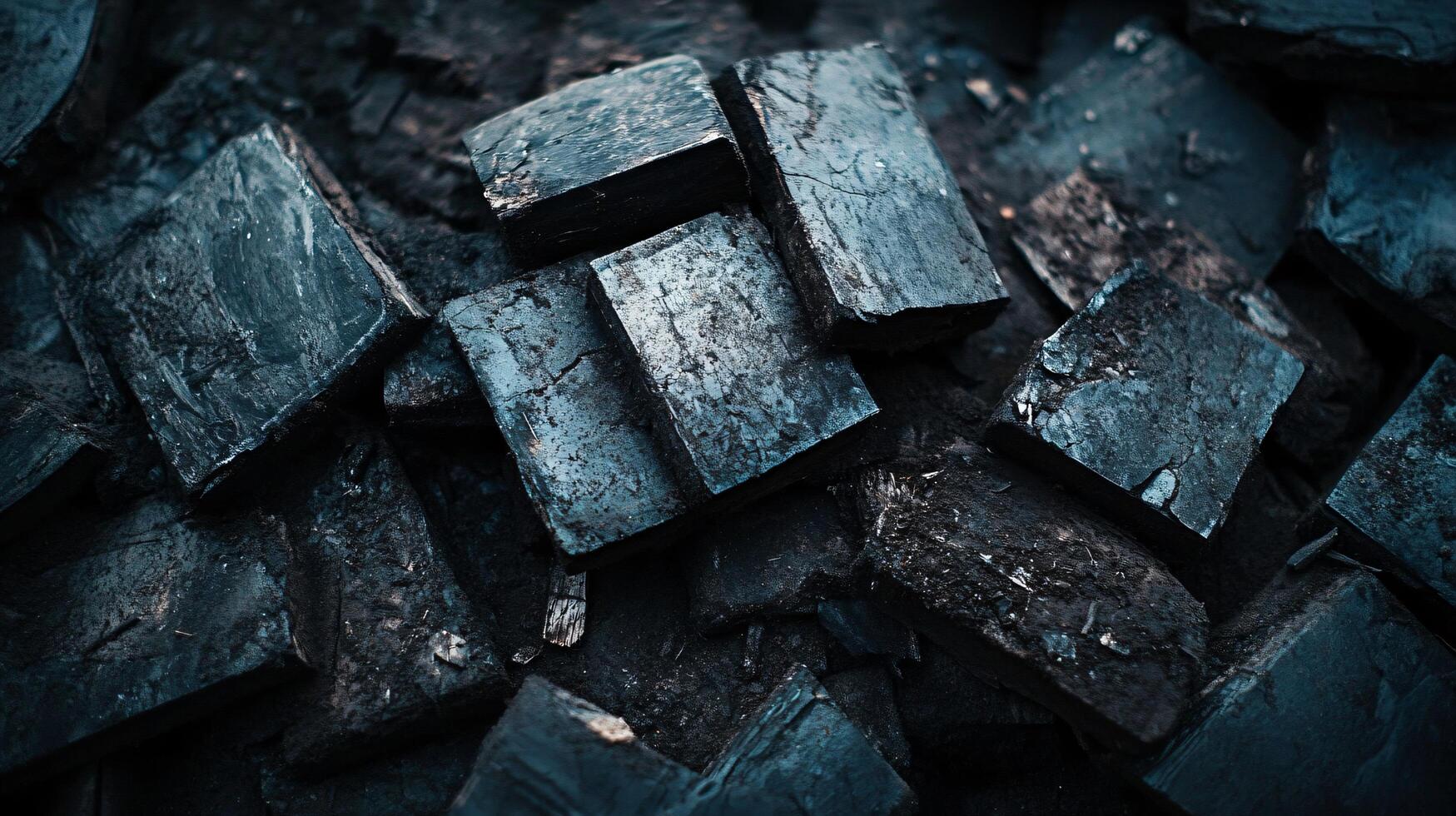 Pile of black rocks with a dark blue background. The rocks are piled on top of each other, creating a sense of depth and texture. Scene is somber and mysterious, as the dark colors photo
