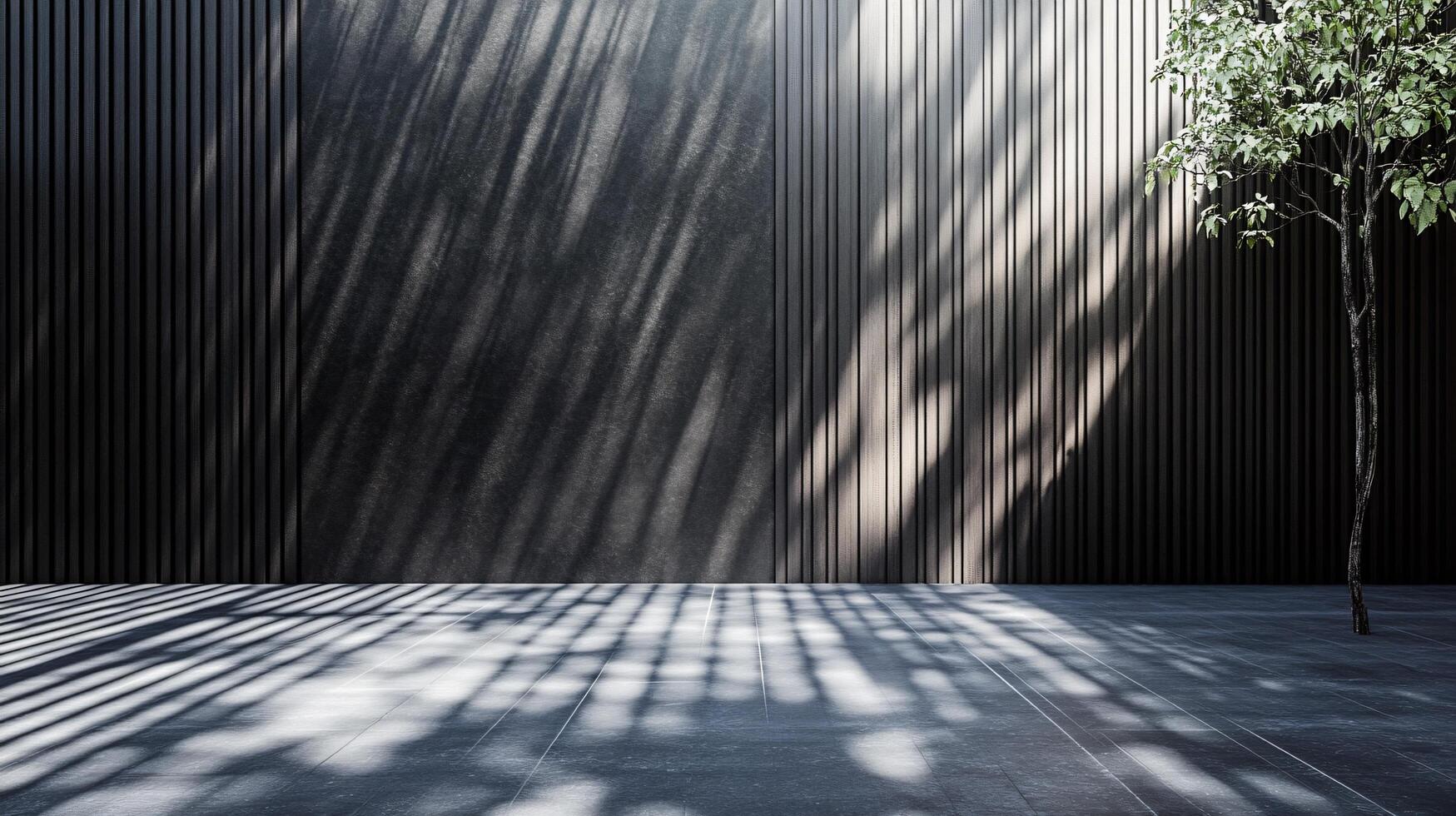 Black wall with a tree in the foreground. The tree casts a shadow on the wall photo