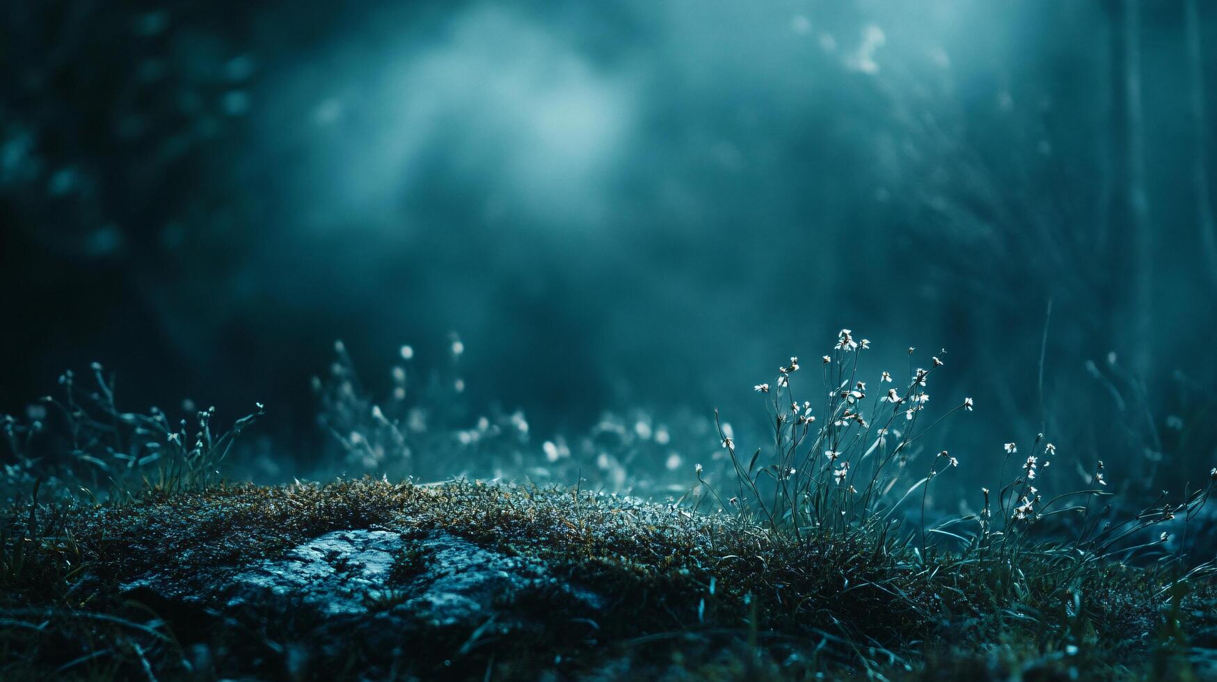 Field of grass with a few flowers in the foreground. The sky is dark and the grass is wet photo