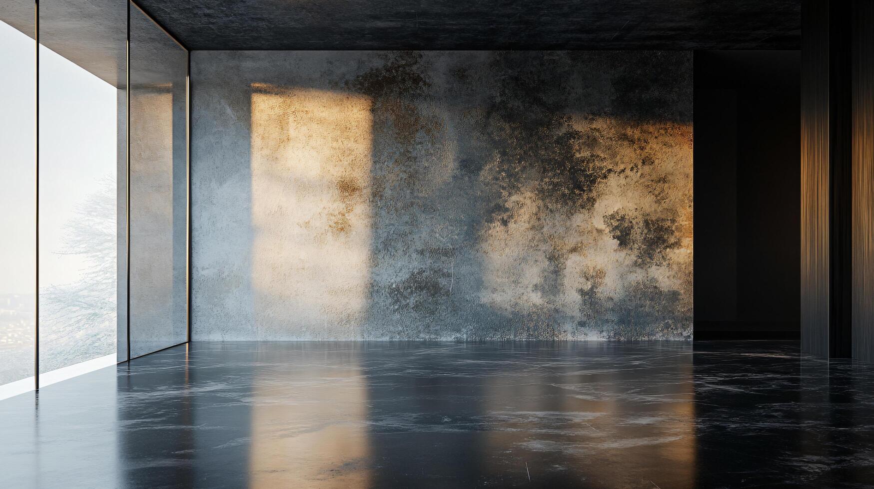 Large room with a wall that is covered in a textured material. The room is empty and has a very modern feel to it photo
