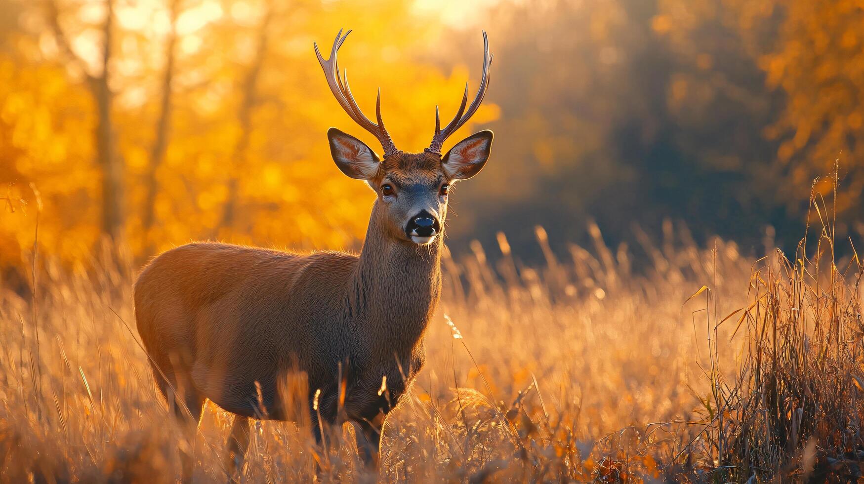Deer stands in a field of tall grass. The deer is brown and has large antlers. The grass is dry and brown, and the sun is shining brightly. The scene is peaceful and serene photo