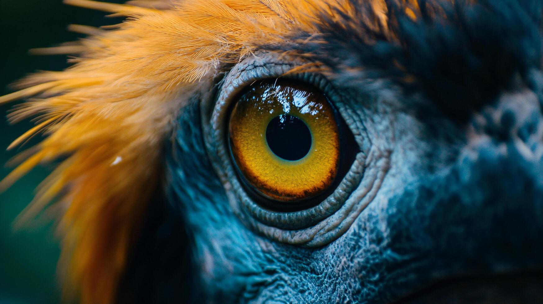 Close up of a bird's eye with a yellow iris. The eye is surrounded by a blue and orange feathery area photo