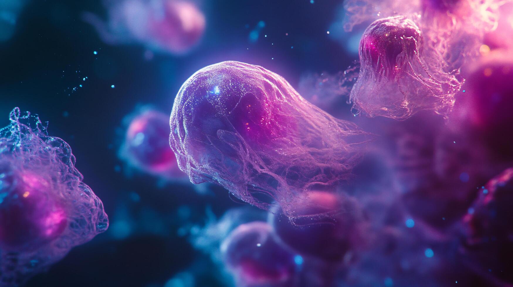 Bunch of jellyfish in a purple and blue color. The jellyfish are floating in the air and are very colorful photo