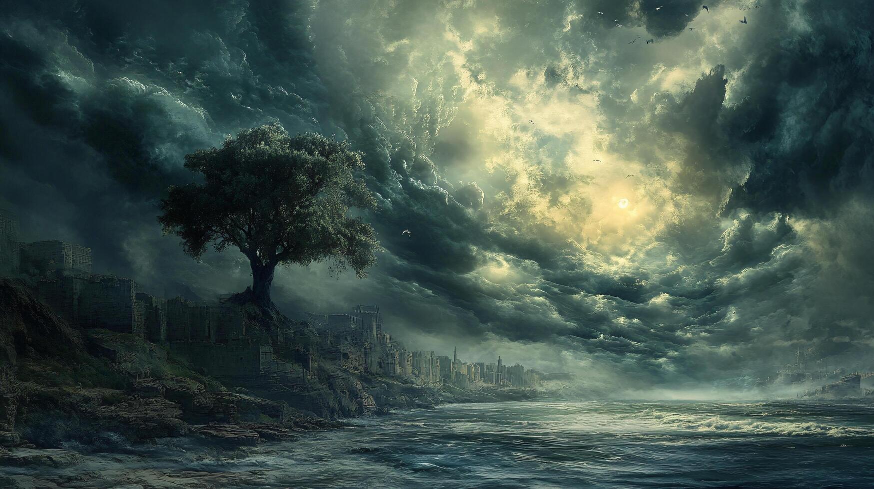 Dark sky with a tree in the foreground and a body of water in the background. The sky is cloudy and the moon is visible photo