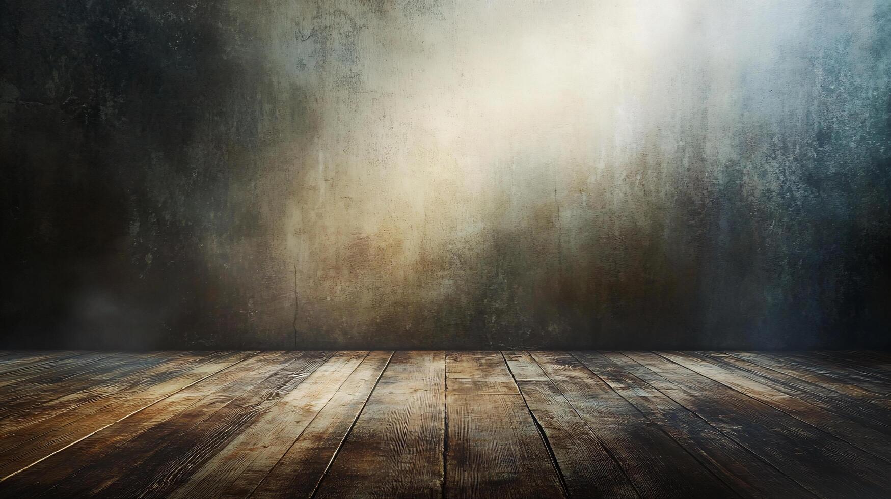 Wooden floor with a wall in the background. The wall is covered in graffiti and the floor is empty photo