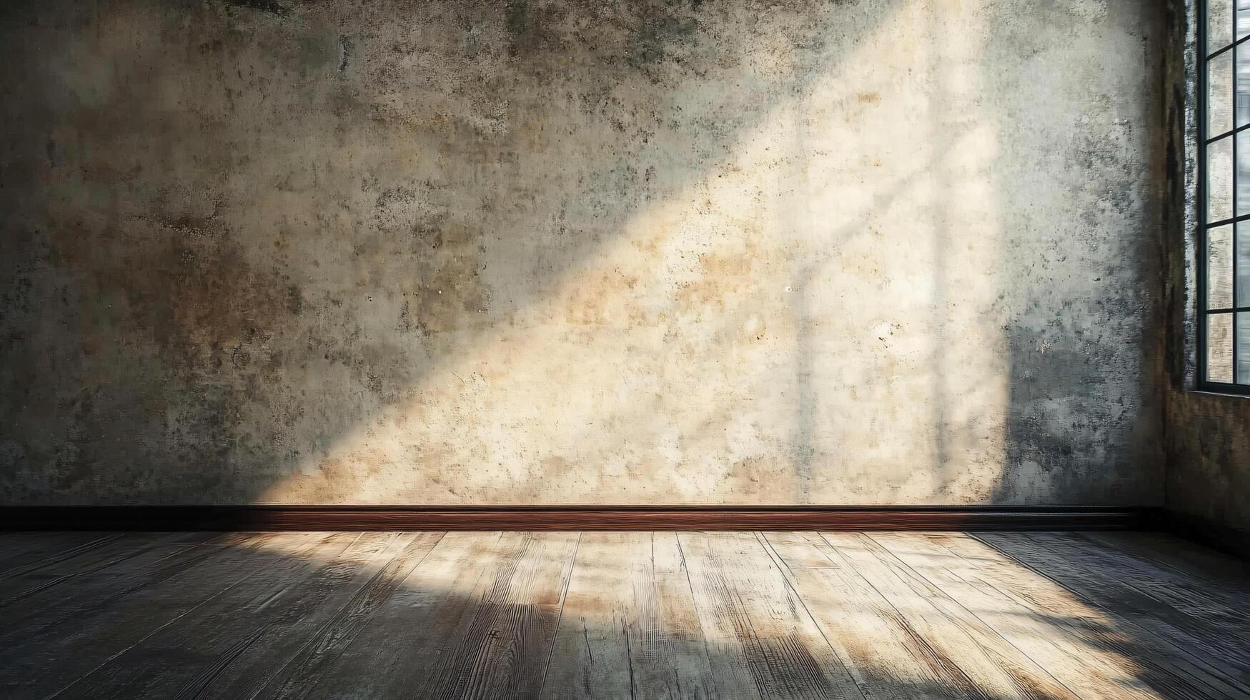 Room with a large window and a wooden floor. The room is empty and has a very plain and simple appearance photo