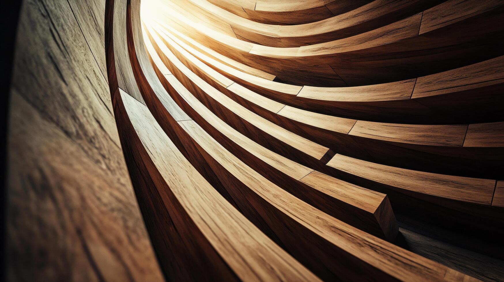 The image is a close up of a wooden spiral staircase. The wood grain is visible and the staircase appears to be made of wood photo