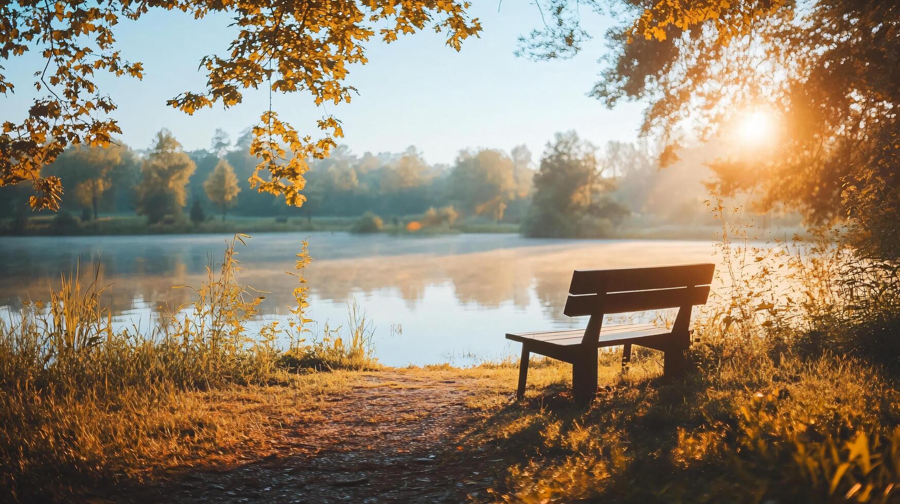 Bench is sitting by a lake in the morning. The sun is shining on the water, creating a peaceful and serene atmosphere photo