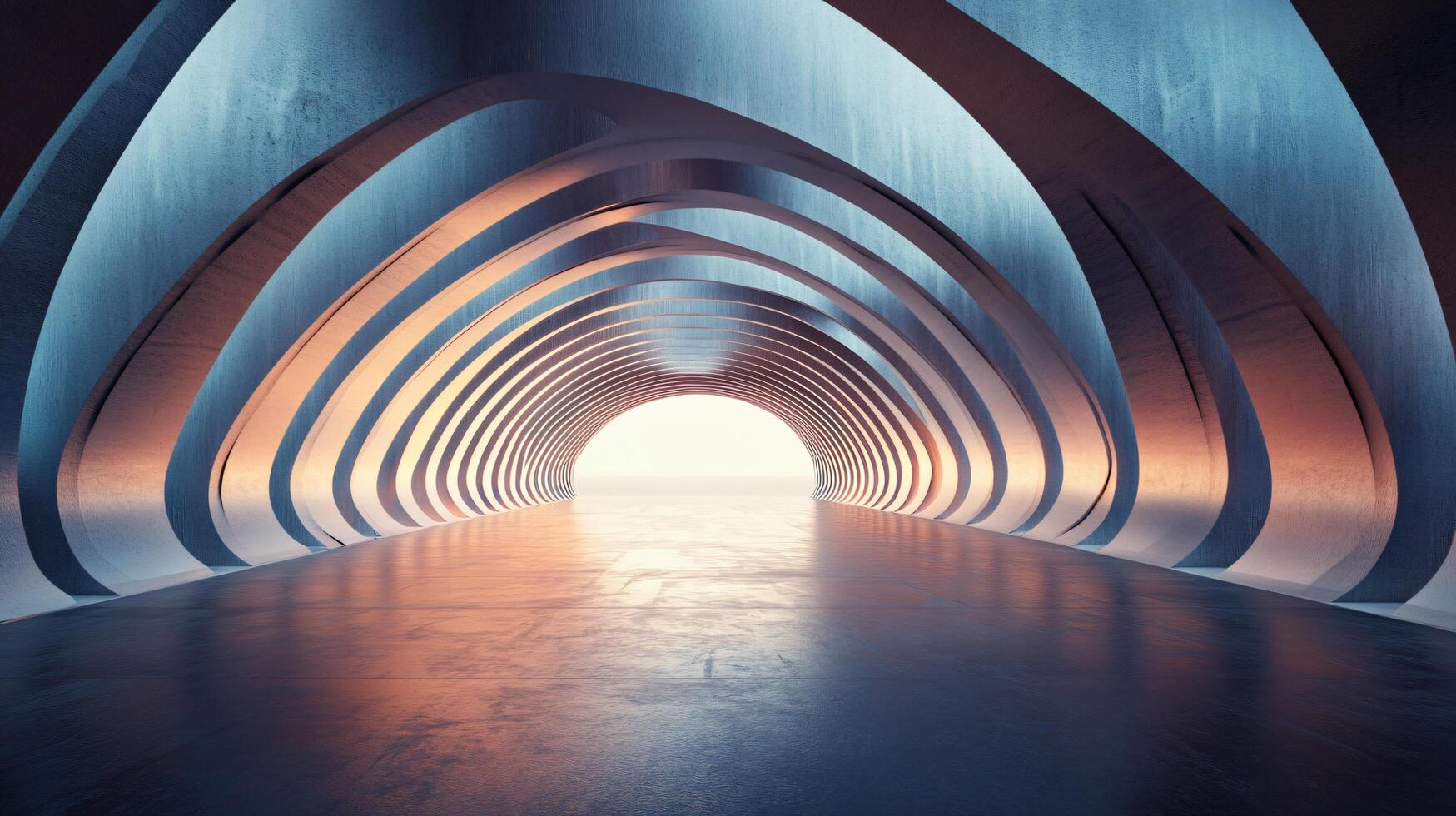 Long tunnel with a bright light shining through it. The tunnel is made of concrete and has a very modern look to it photo