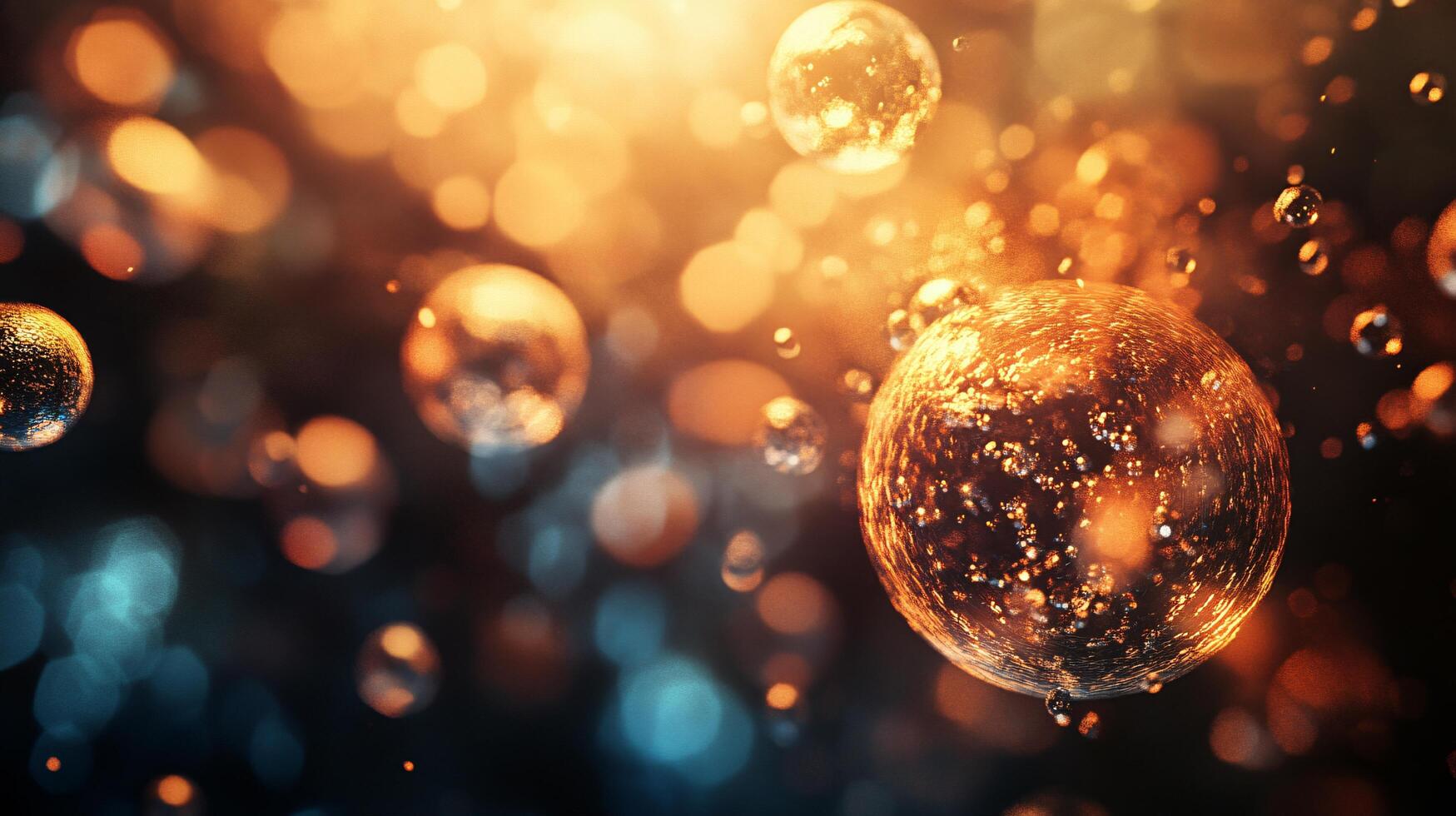 Blurry image of many small bubbles in a dark background. The bubbles are orange and blue, and they appear to be floating in the air. The image has a dreamy, ethereal quality to it photo