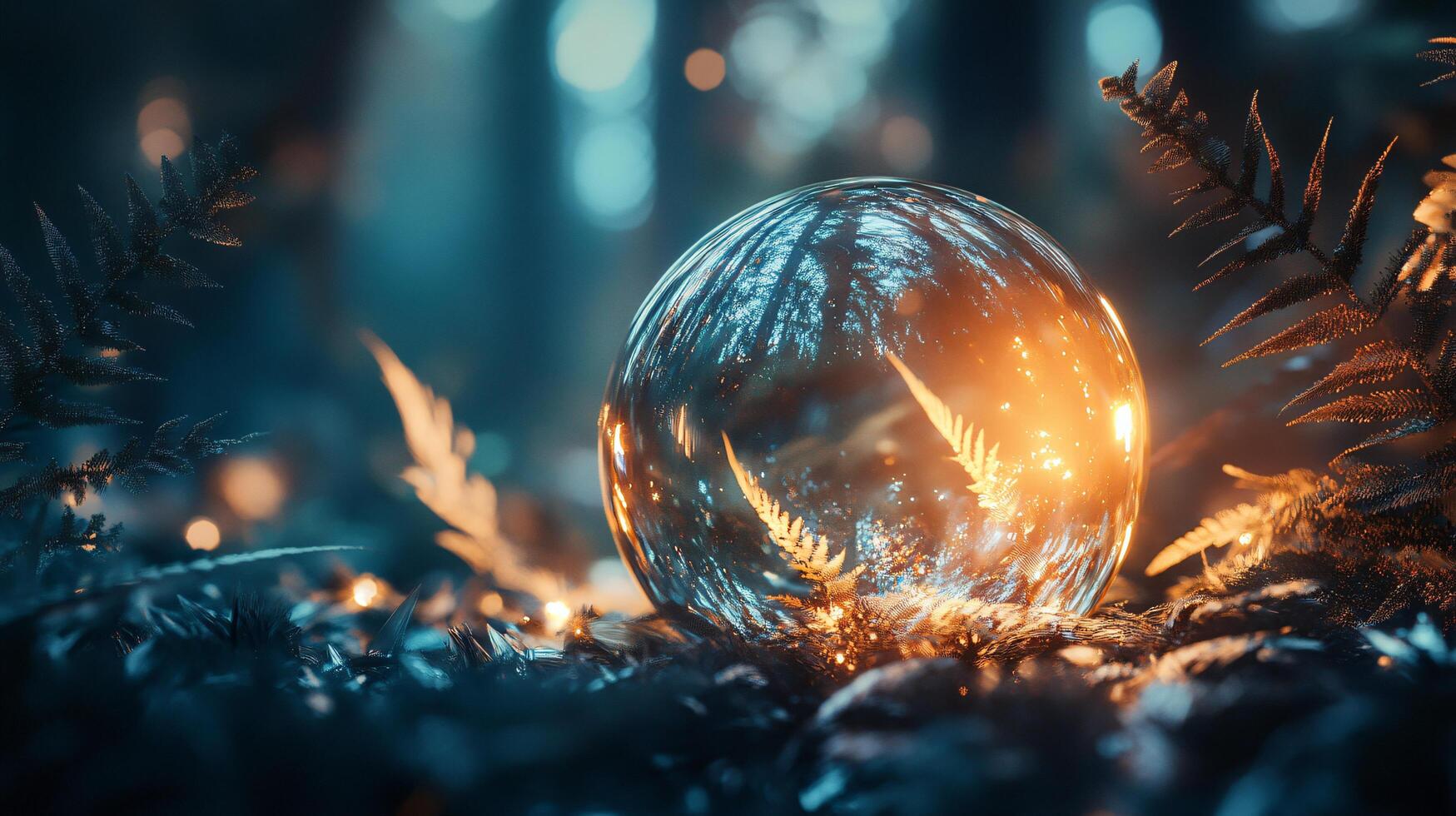 Glass sphere with a light shining on it. The sphere is surrounded by a forest of leaves and twigs photo