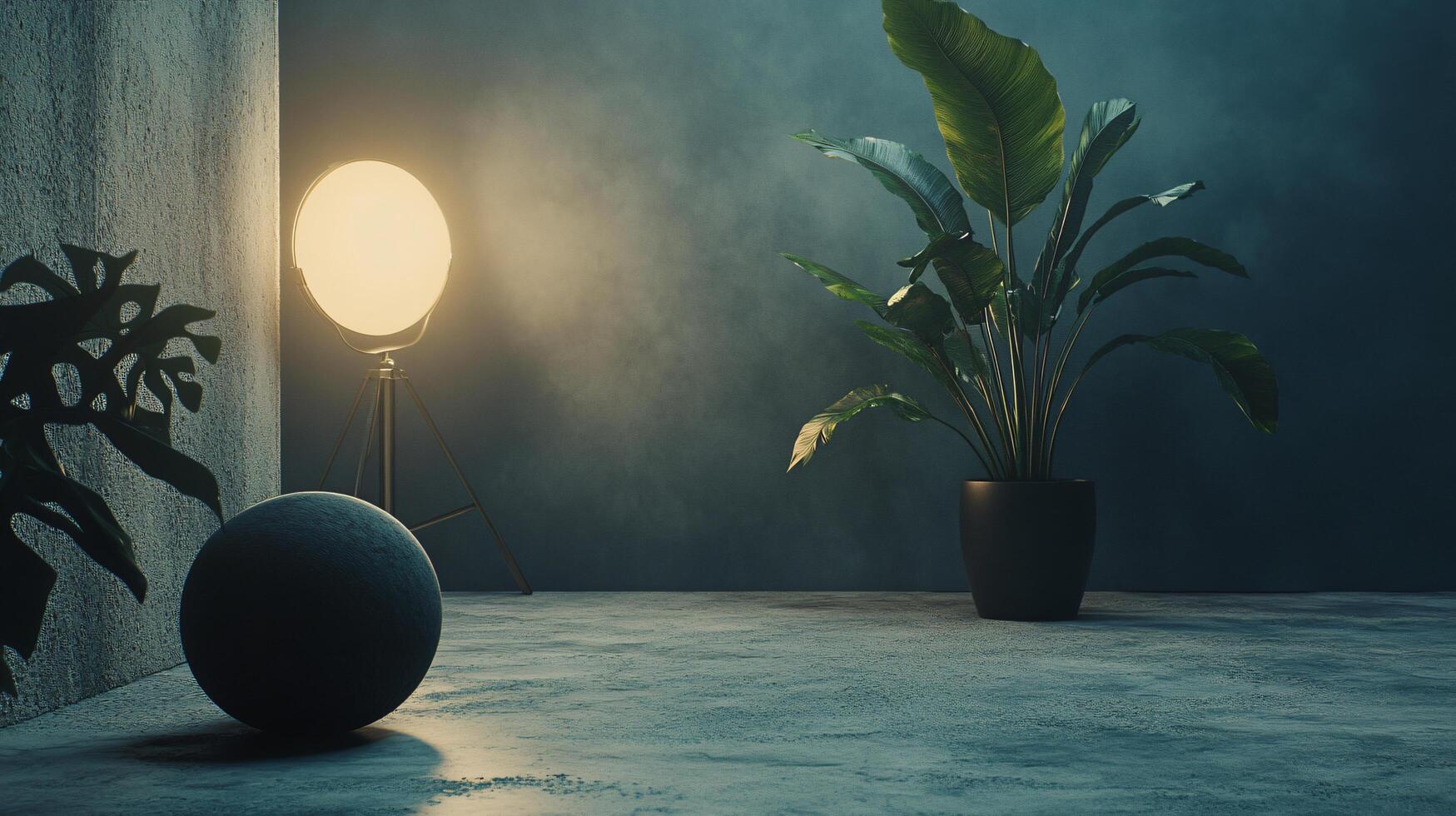 Dimly lit room with a black plant and a white light. The light is on, casting a soft glow on the room. The room has a minimalist feel, with only a few decorative elements, such as the plant photo
