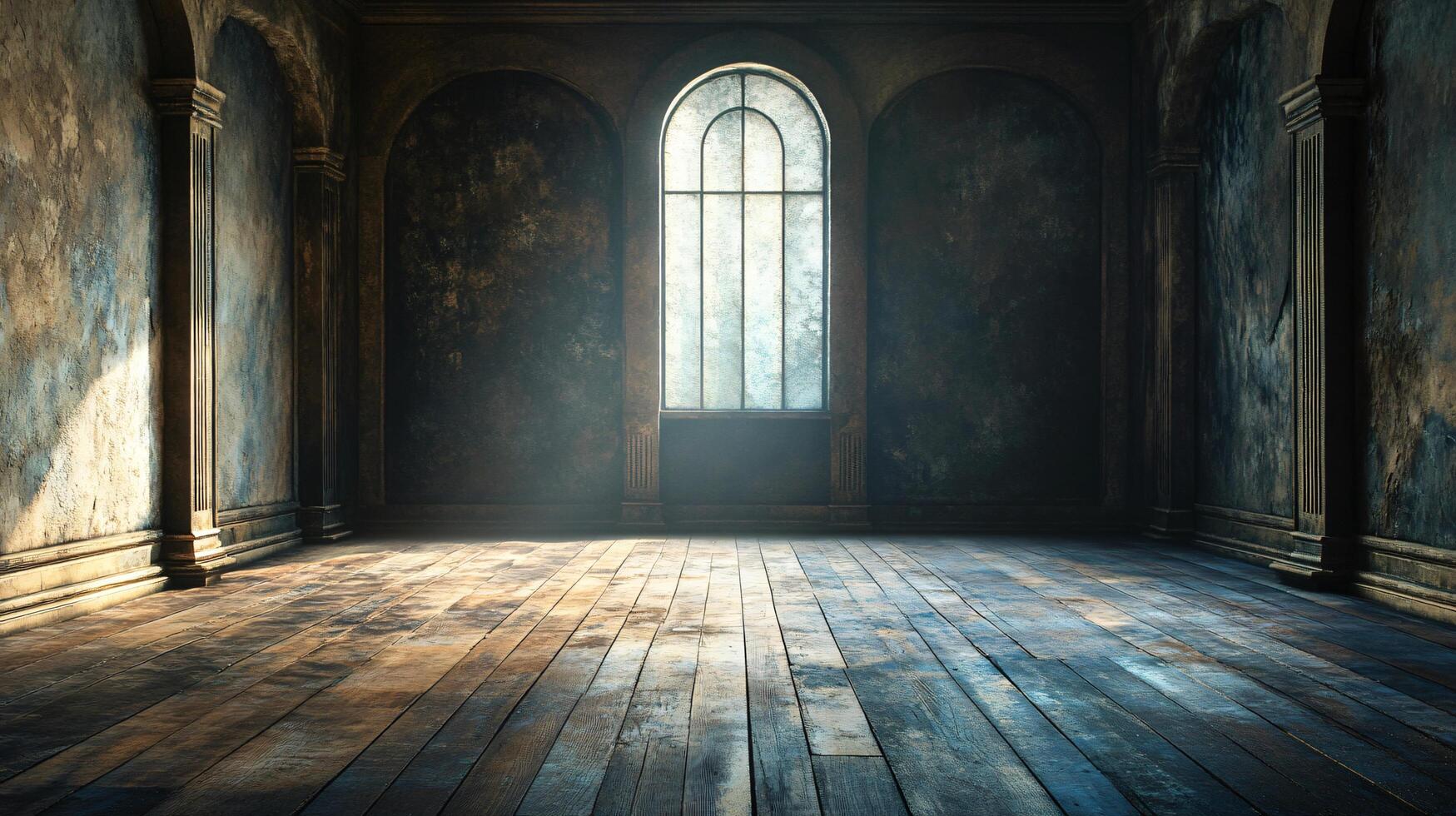 Large, empty room with a window in the middle. The room is very dark and empty, with only the light from the window illuminating the space. Scene is eerie and mysterious photo