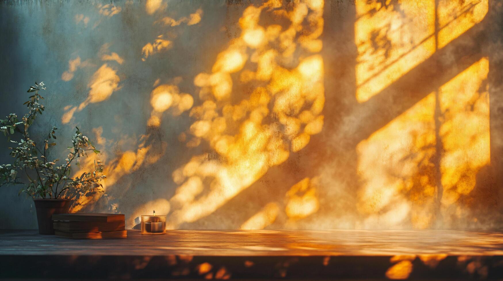 Table with a vase and candles on it, with a window behind it. The window is letting in sunlight, creating a warm and cozy atmosphere photo