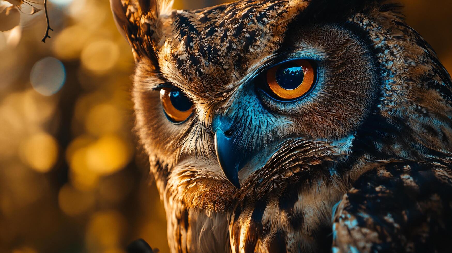 Large owl with bright blue eyes is staring at the camera. The image has a warm, autumnal feel to it, with the orange and yellow colors of the leaves in the background photo