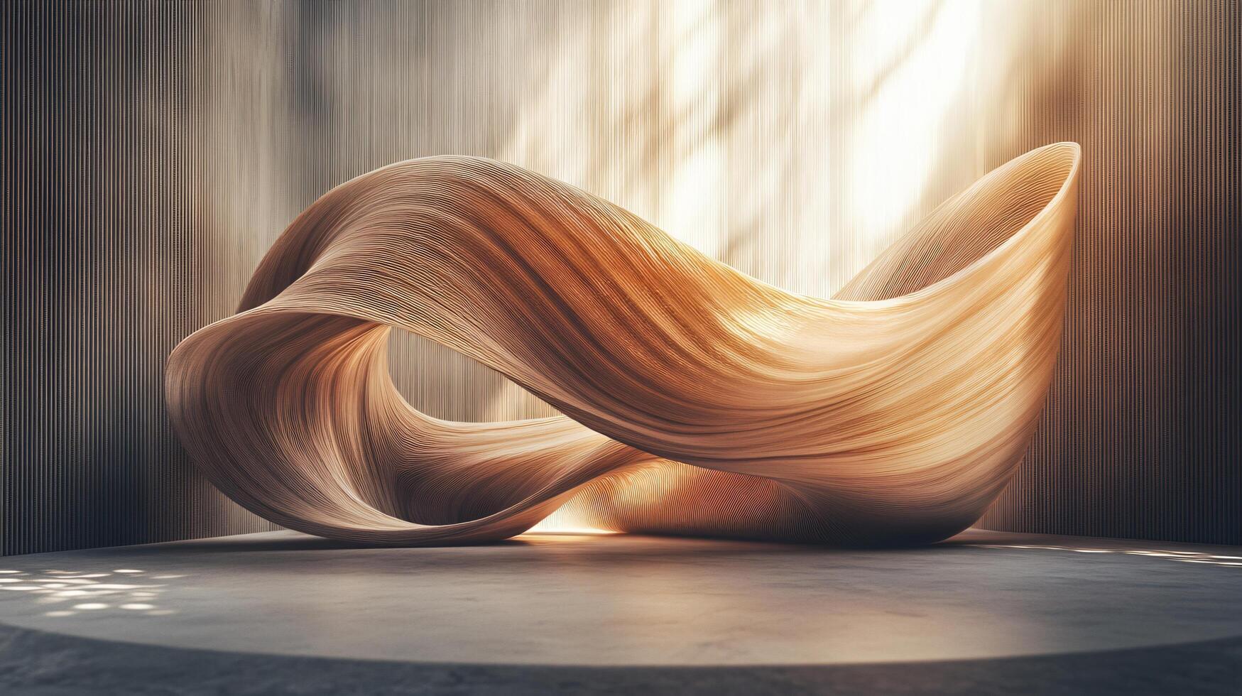 Wooden sculpture of a wave is displayed in a room with a white wall. The sculpture is made of wood and has a unique, abstract shape. The room is dimly lit, which adds to the mood of the sculpture photo