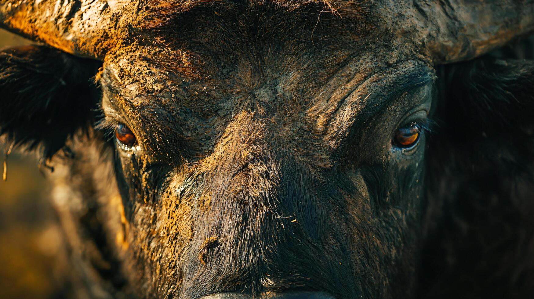 Close up of a dirty brown cow's face with its eyes open. The cow appears to be angry or agitated photo