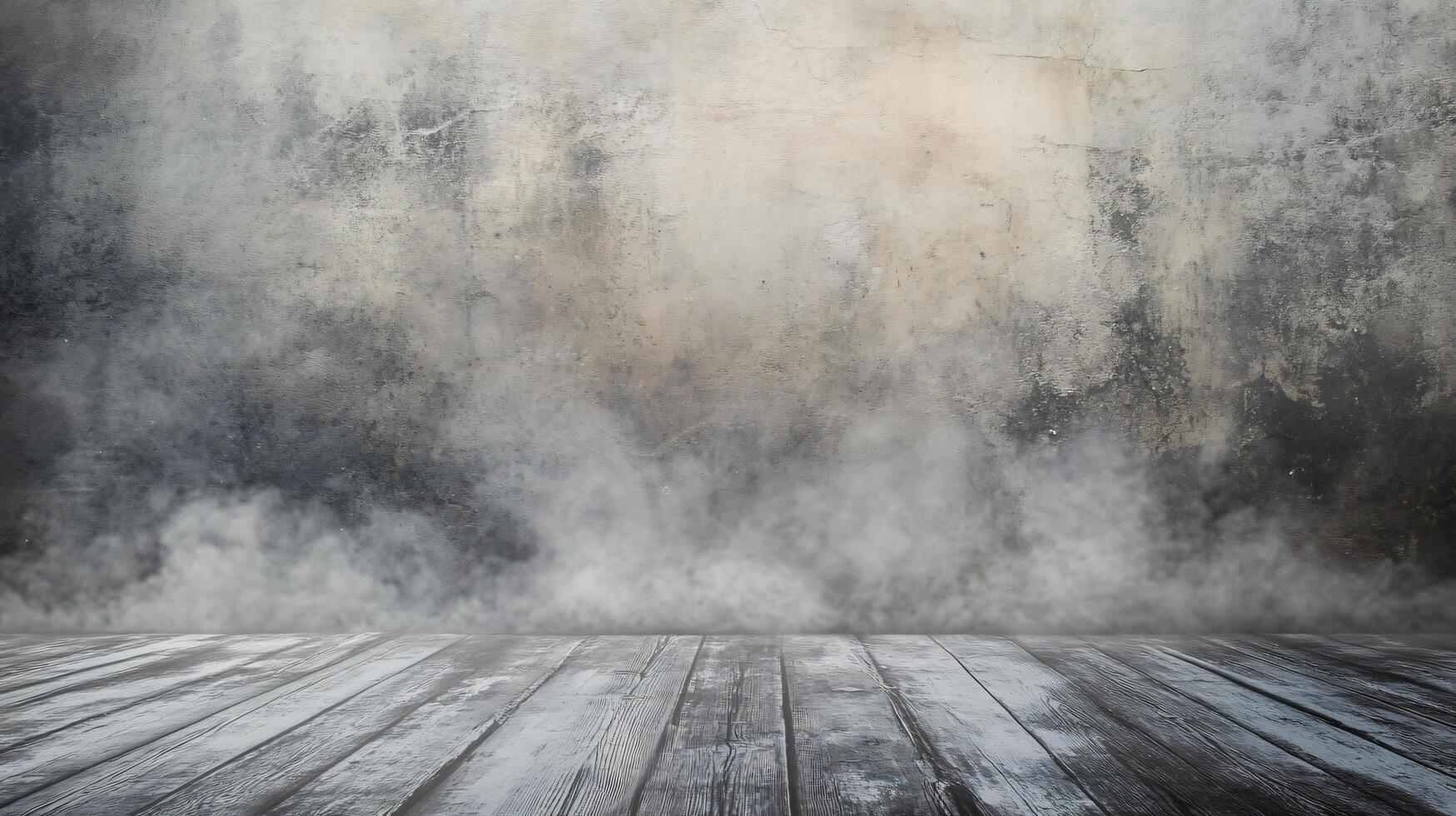 Room with a wall and a wooden floor. The floor is covered with wood and the wall is covered with a grey paint. There is a lot of smoke in the room photo