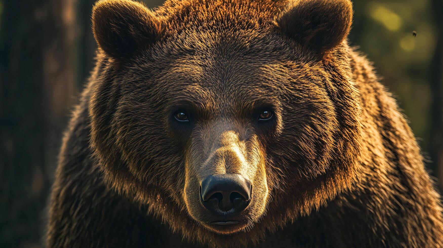 Bear with a big brown face and a big brown body. The bear is looking at the camera photo