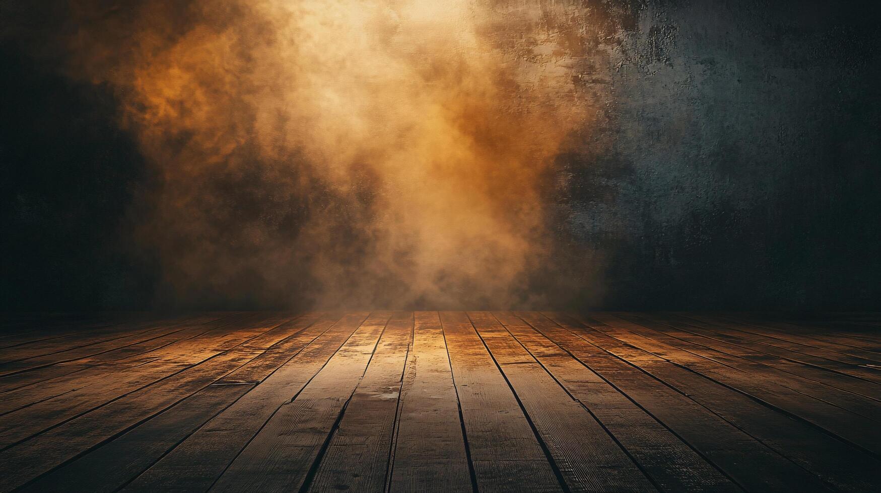 Dark room with a wooden floor and a lot of smoke. The room is empty and the smoke is coming from a fire photo