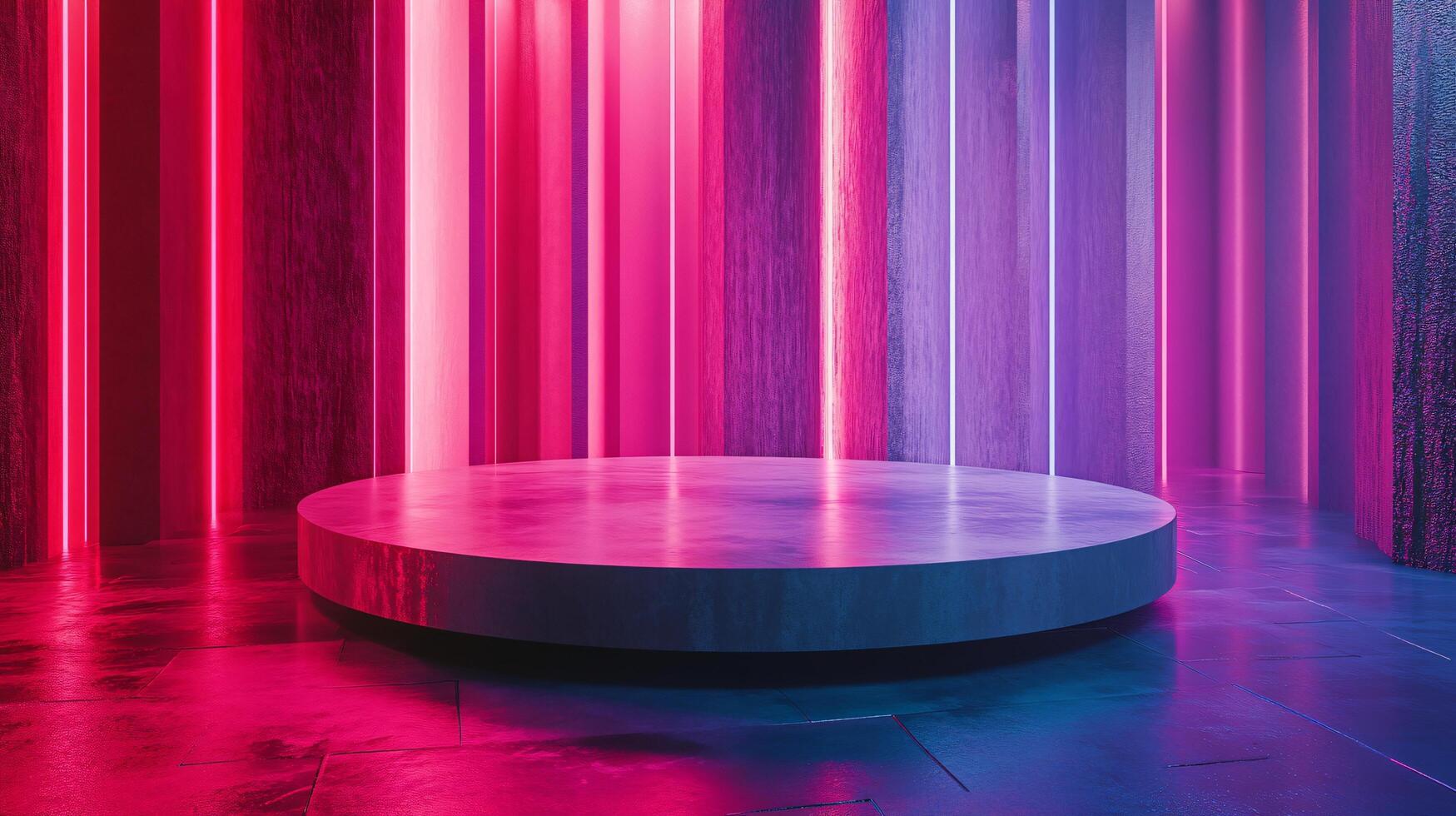 Large, round, grey pedestal with a red stripe on it. The room is filled with neon lights, creating a futuristic and vibrant atmosphere photo