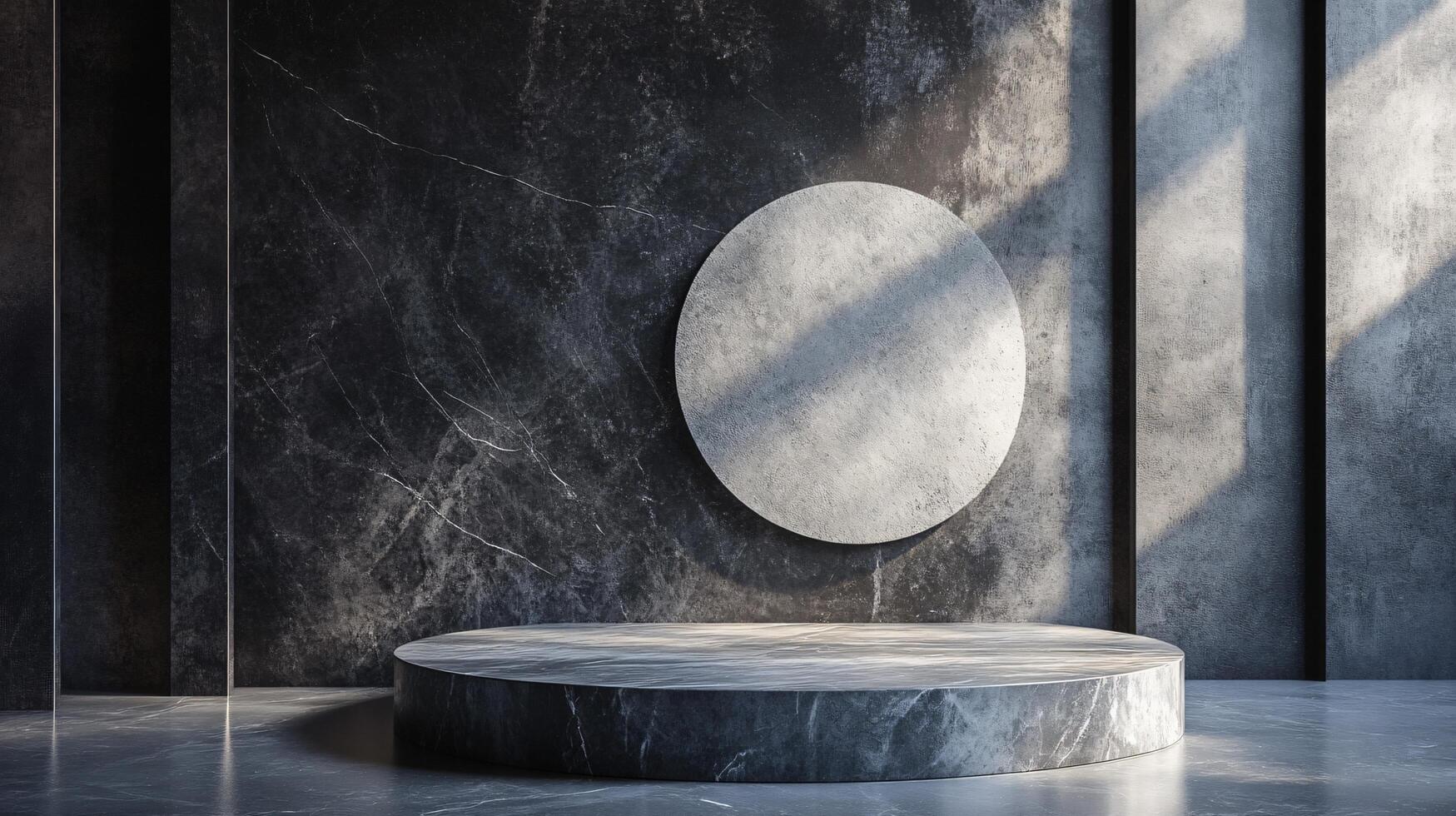 Black and white photo of a round pedestal with a white circle on it. The photo is of a room with a dark color scheme