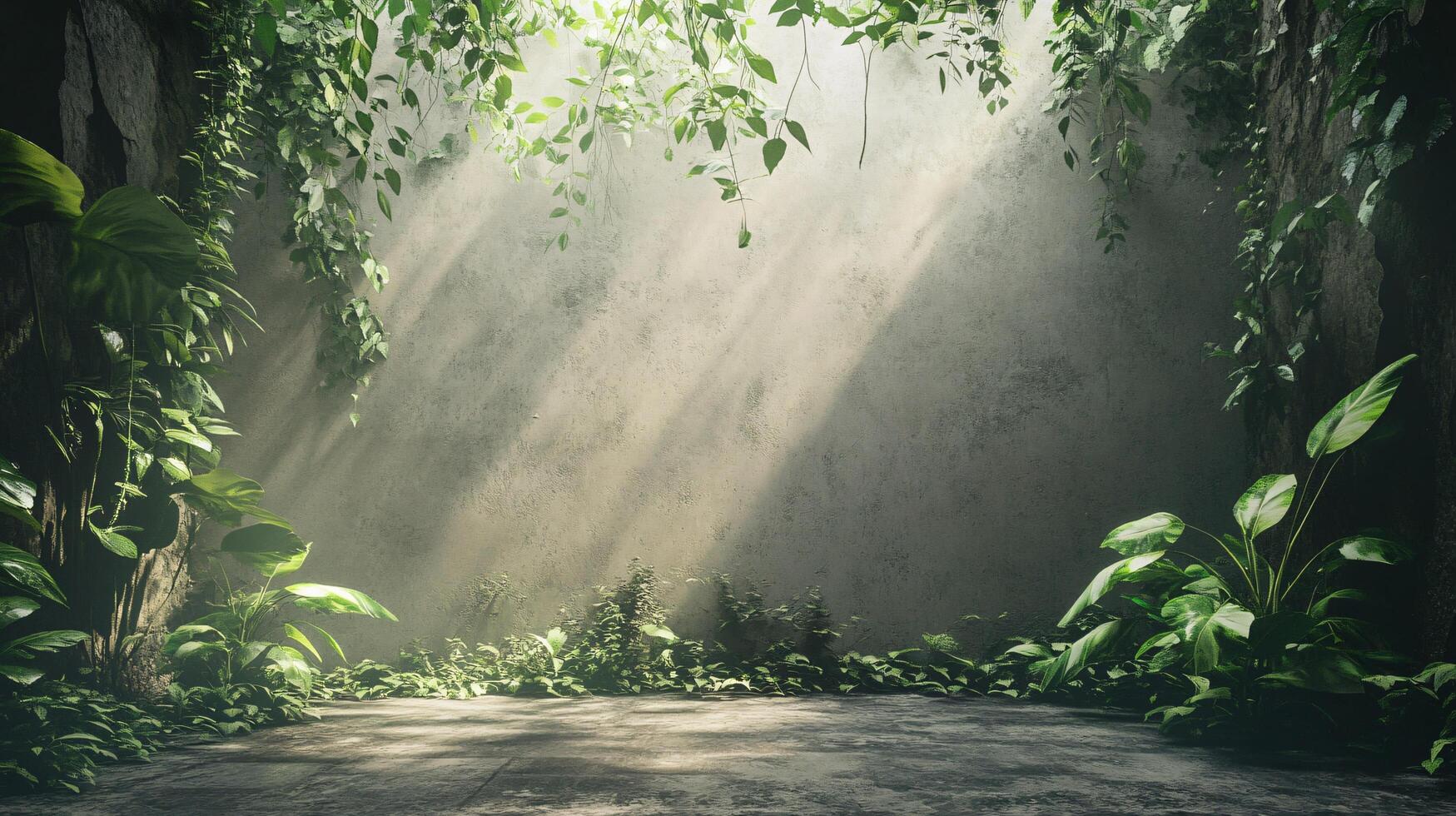 Lush green jungle with a wall in the background. The wall is covered in vines and leaves. The sunlight is shining through the trees, creating a warm and inviting atmosphere photo