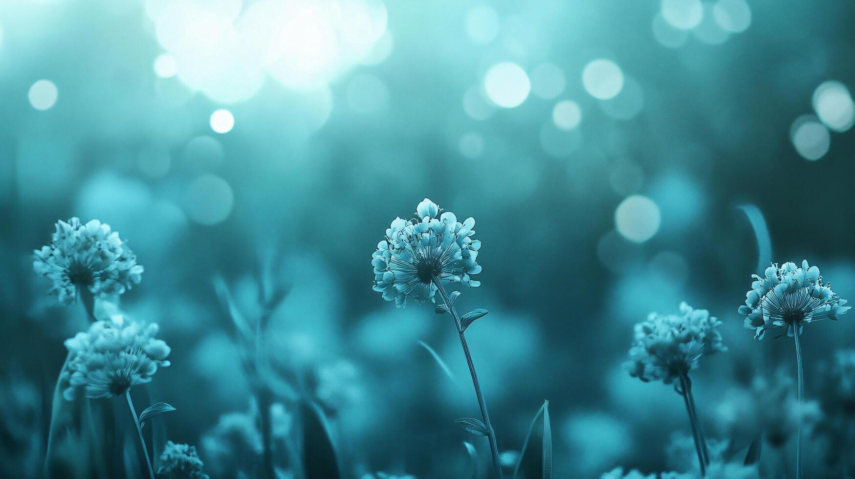Field of blue flowers with a blurry background. The flowers are in full bloom and the sky is blue photo
