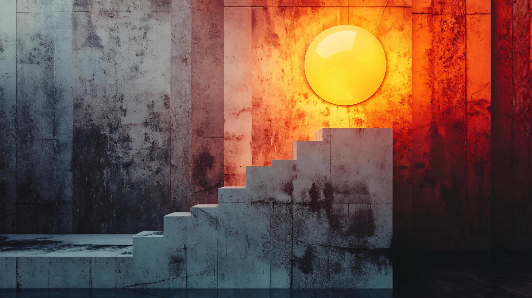Concrete wall with a yellow sun on it. The sun is surrounded by a circle. The wall is made of concrete and has a rough texture photo
