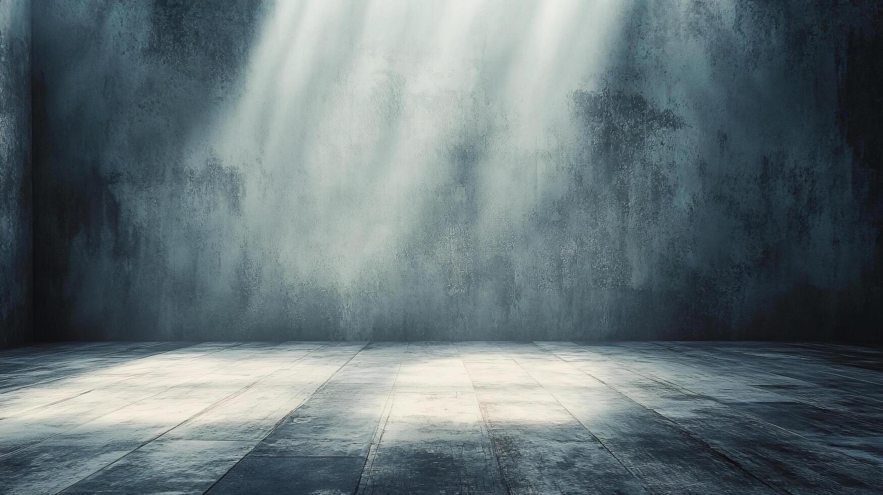 Large, empty room with a grey wall and a grey floor. The room is empty and has no furniture or decorations photo