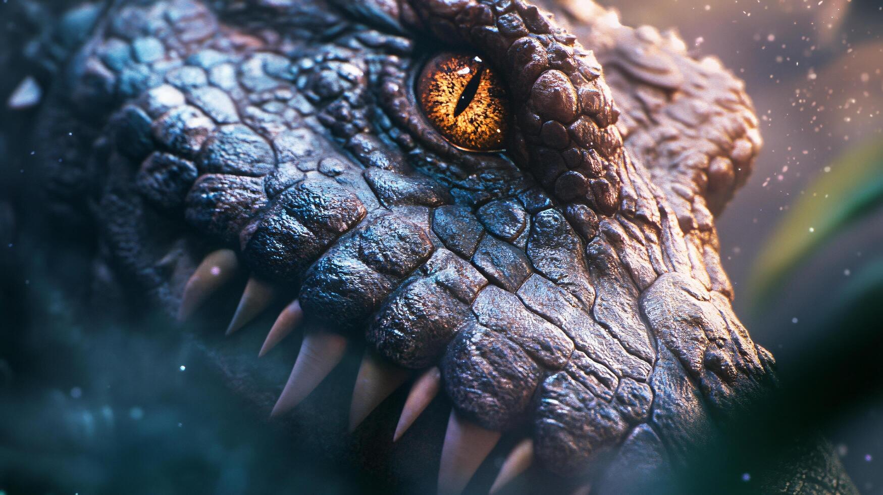 Close up of a crocodile's face with its mouth open. The crocodile's eyes are glowing yellow photo