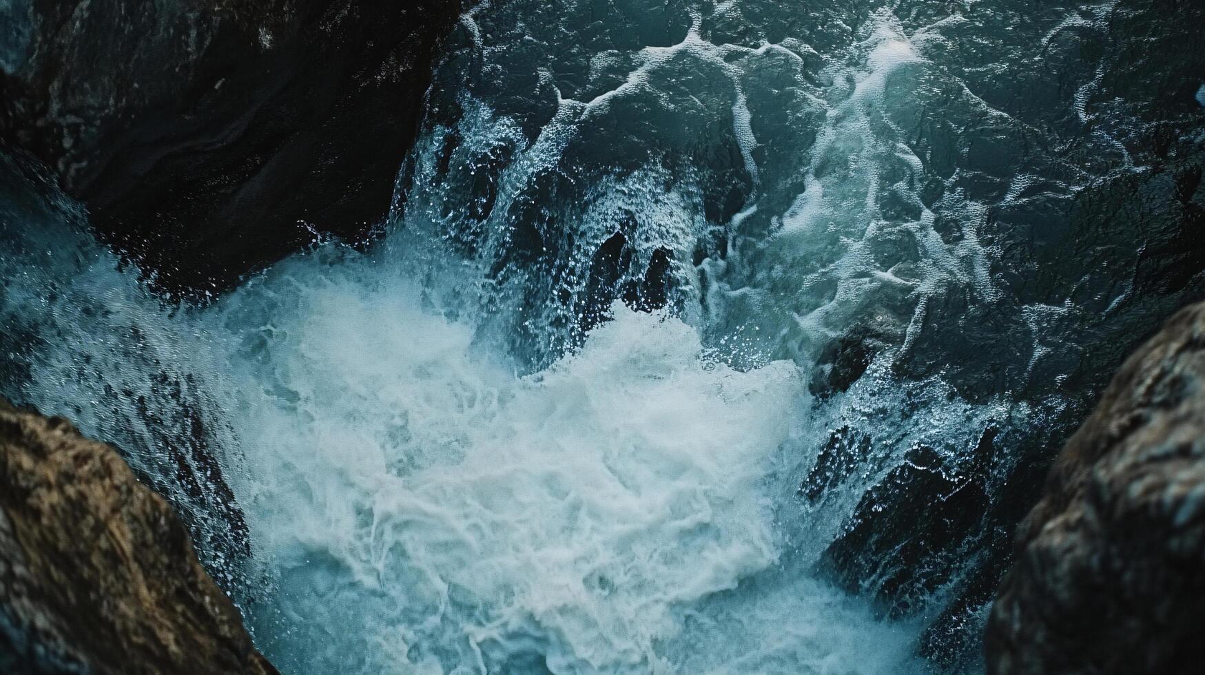 Large body of water with a lot of white foam and bubbles. The water appears to be rough and choppy, with waves crashing against the rocks. Concept of power and energy photo