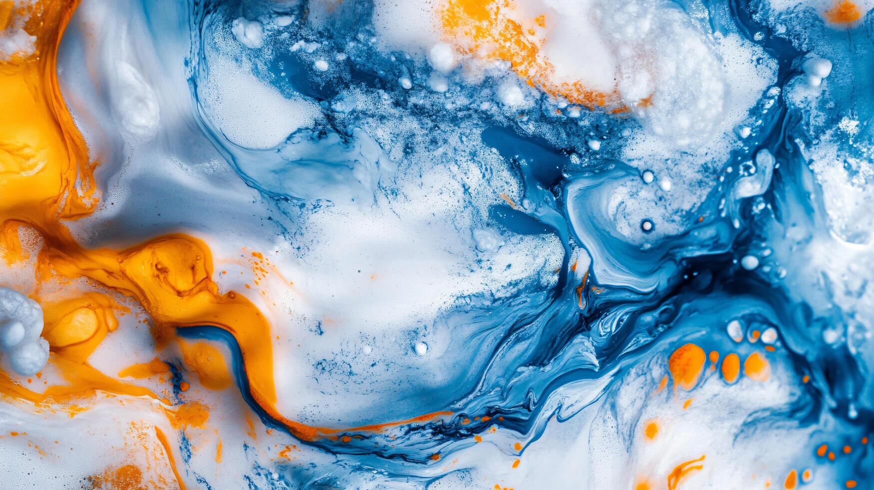 Painting of a blue and orange swirl with white and blue splatters. The colors are vibrant and the brushstrokes are bold. The painting gives off a sense of energy and movement photo