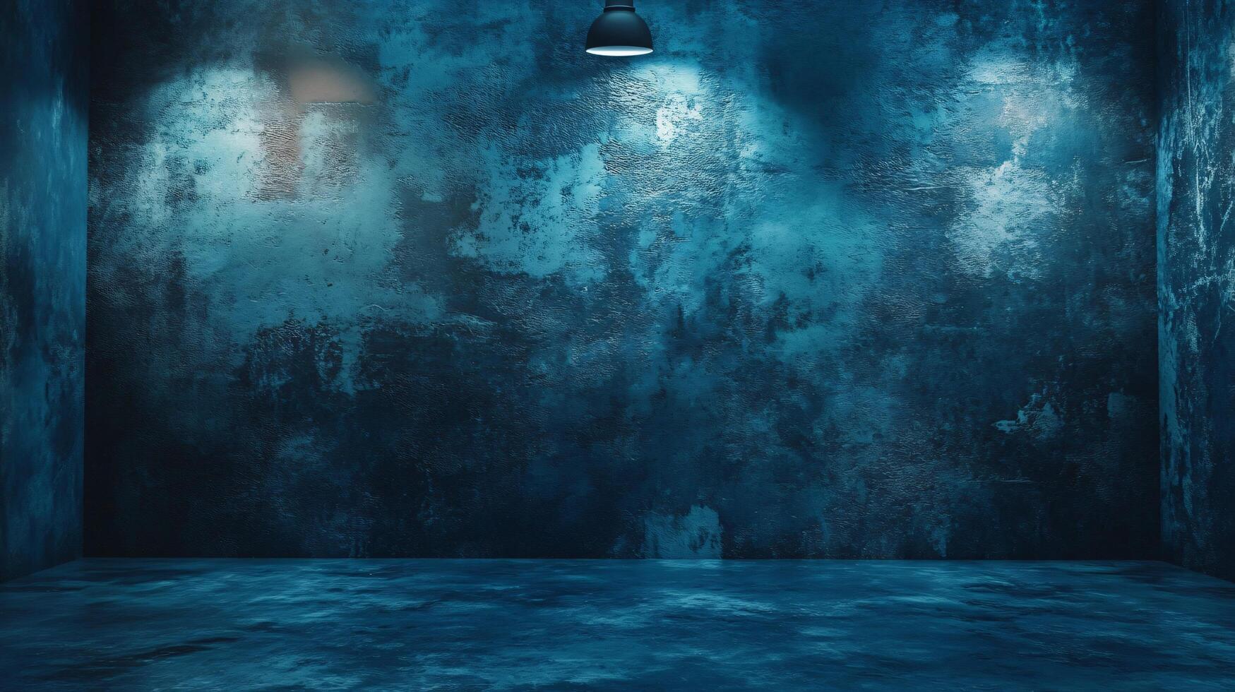 Blue room with a light shining on the wall. The room is empty and has a moody atmosphere photo