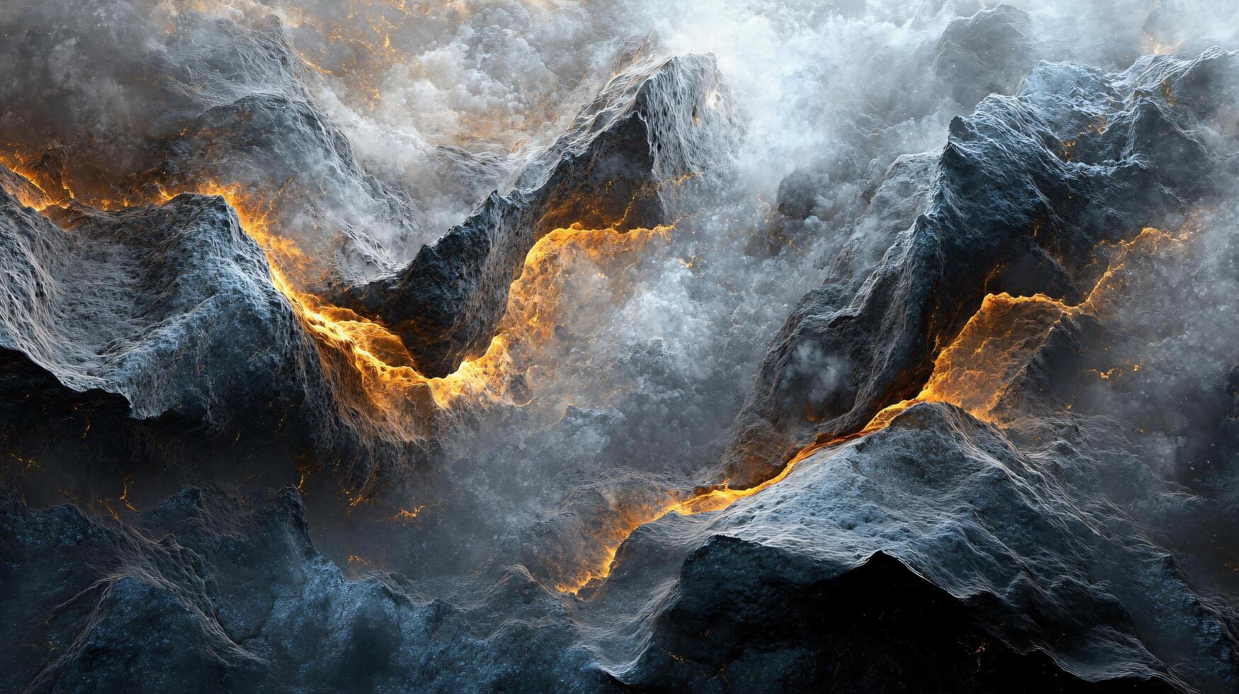Painting of a mountain range with a fire in the middle. The fire is orange and the mountain range is blue and white. The mood of the painting is intense and dramatic photo