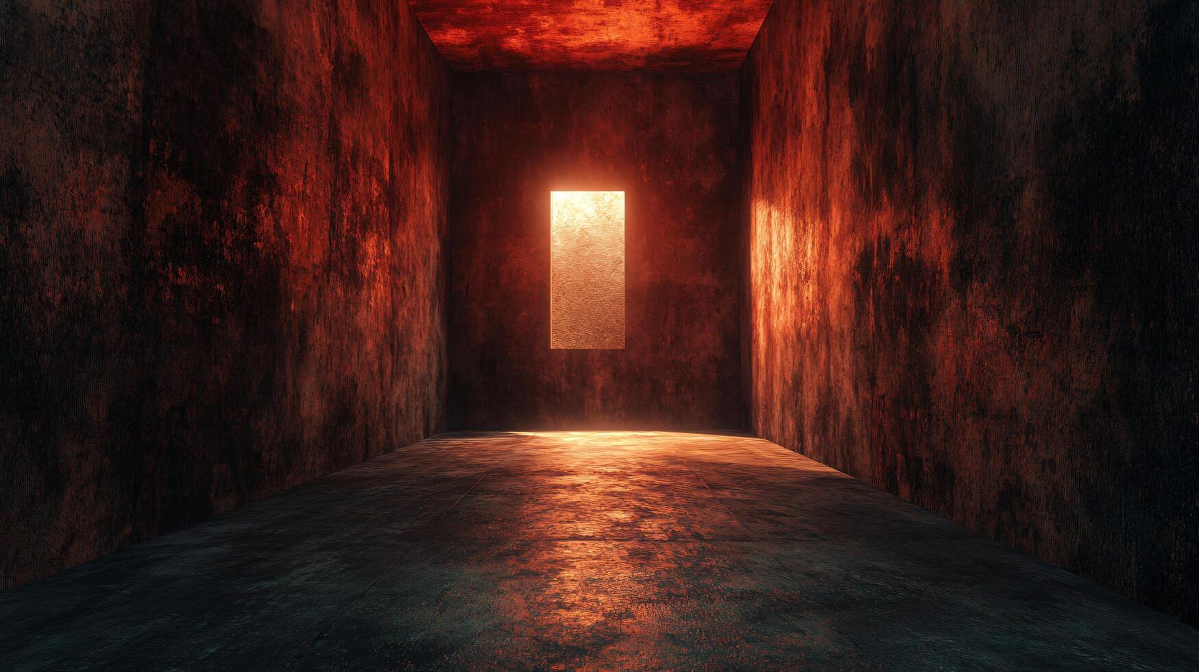 Dark room with a window in the middle. The room is empty and the light is shining through the window photo