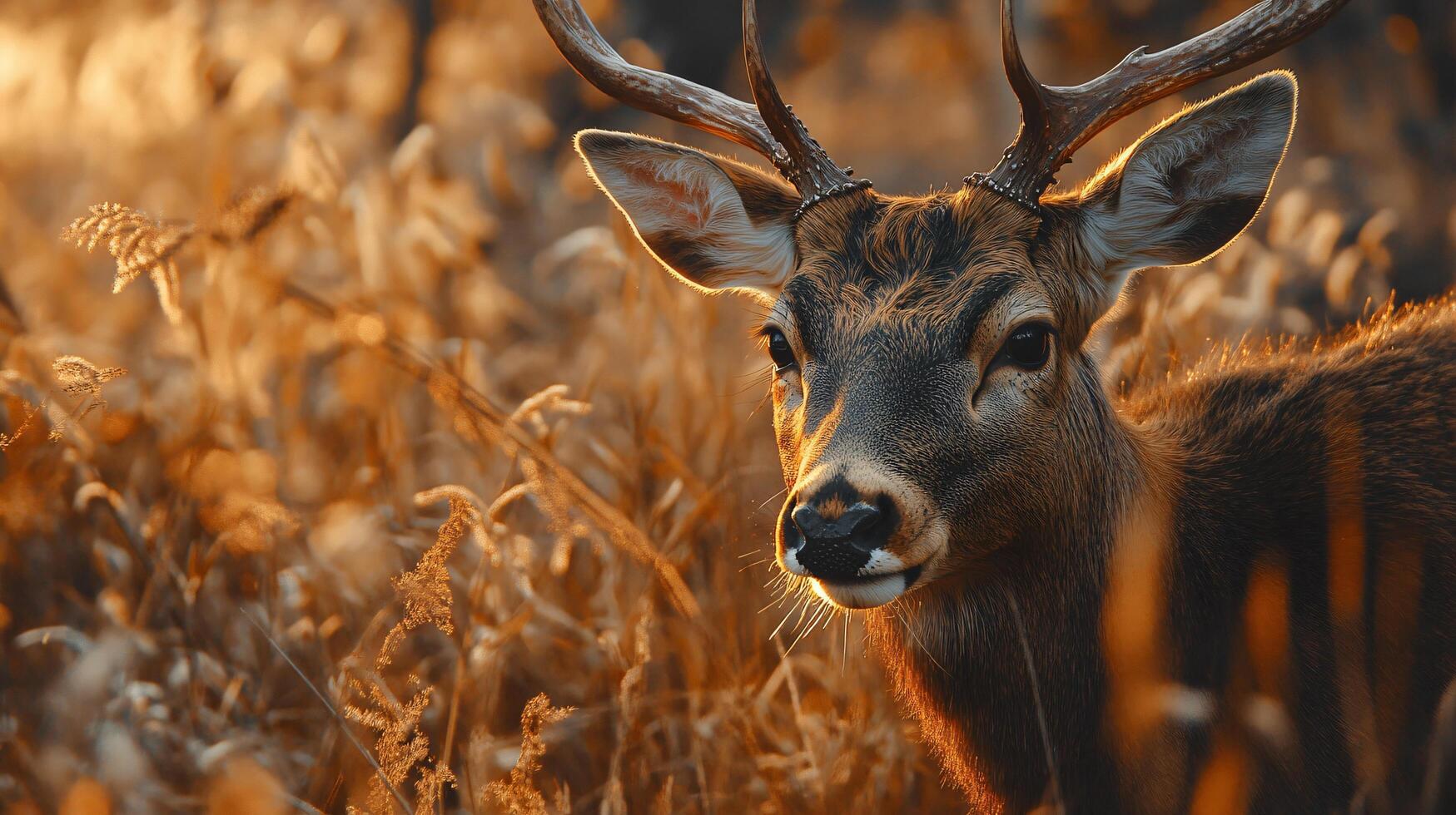 Deer is standing in a field of tall grass. The deer is brown and has a black nose photo