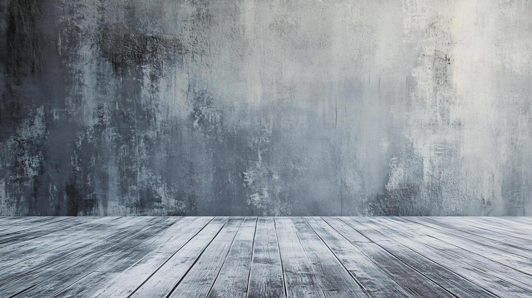 Large, empty room with a wooden floor and a wall with a lot of cracks. The room is very bare and empty, with no furniture or decorations. Scene is one of emptiness and loneliness photo